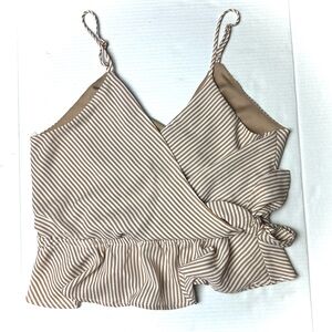 Papermoon Brown and White Stripe Cami Tank Top Wrap Tie‎ Ruffle Hem Womens Large